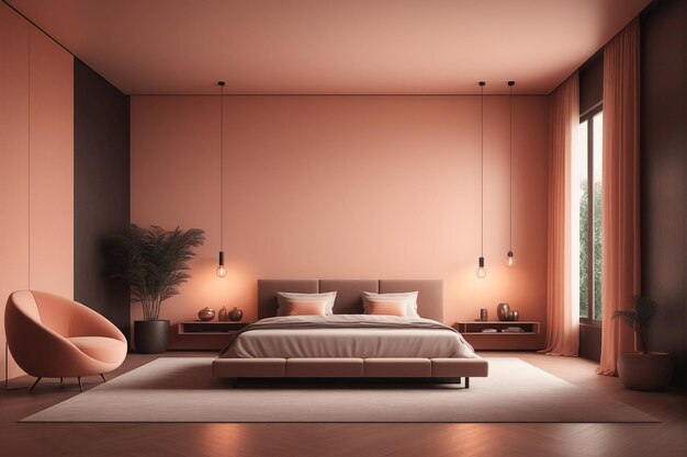 Nowoczesny minimalistyczny projekt sypialni w tonie brzoskwiniowym 2024