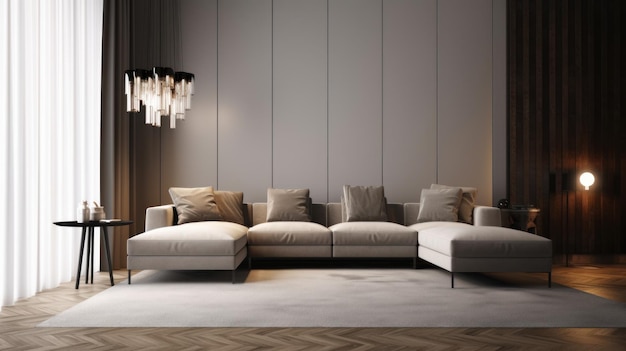Nowoczesny minimalistyczny salon szara ściana duża narożna sofa stolik kawowy parkiet z szarym dywanem