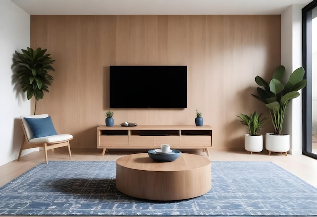 Nowoczesny minimalistyczny salon z drewnianą ścianą z zainstalowanym telewizorem o dużym ekranie płaskim