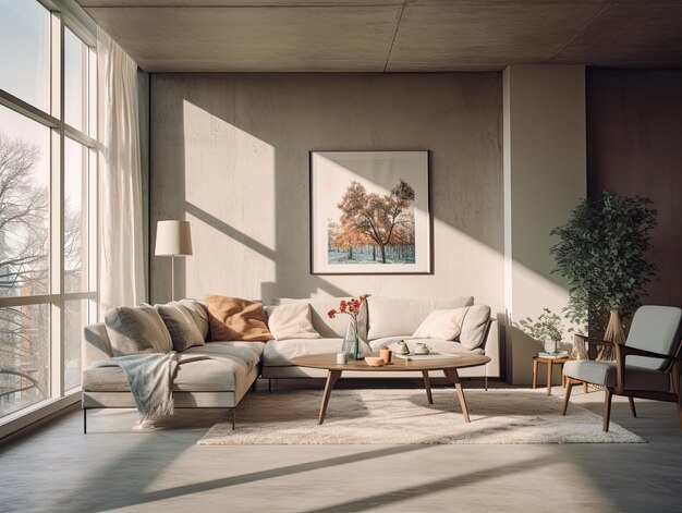 Nowoczesny minimalistyczny salon z dużymi oknami szary beżowo-szary wnętrze z dywanem kanapowym i