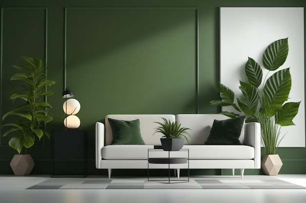 Nowoczesny minimalistyczny salon z granitowymi płytkami, roślinami na sofie i lampą na zielonej ścianie