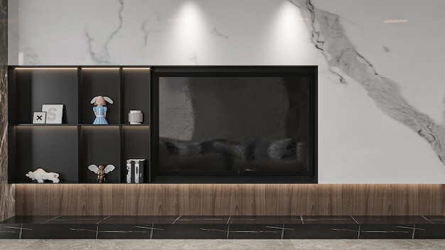 Nowoczesny minimalistyczny salon z kominem i półką