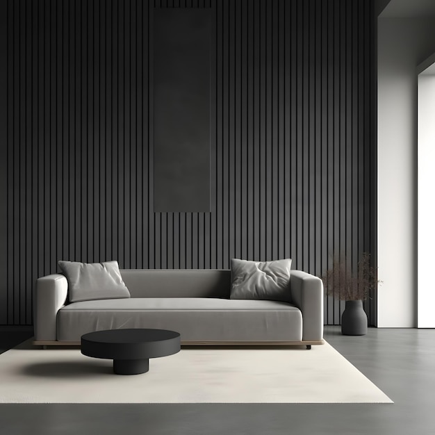 Nowoczesny, minimalistyczny salon z szarą sofą dekoracyjną ścianą z czarnymi wytłoczonymi panelami estetycznymi