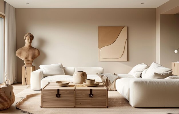 Zdjęcie nowoczesny minimalistyczny salon z wygodną białą kanapą sekcyjną drewniany środkowy stół
