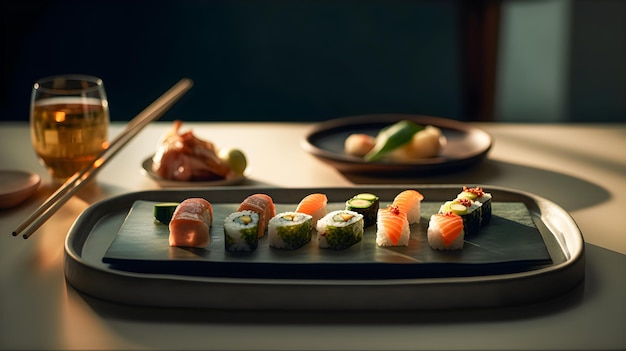 Nowoczesny minimalistyczny talerz sushi na stole z pałeczkami, piwem i japońskim menu azjatyckich potraw