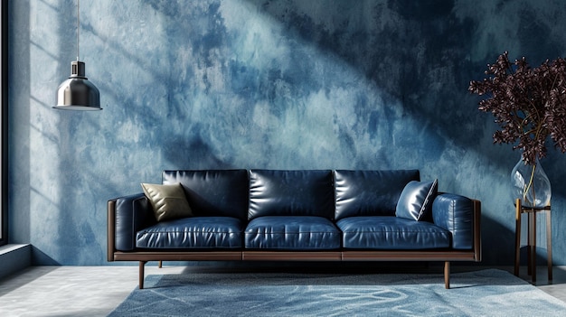 nowoczesny model salonu z ciemno niebieską kanapą AI Generative.