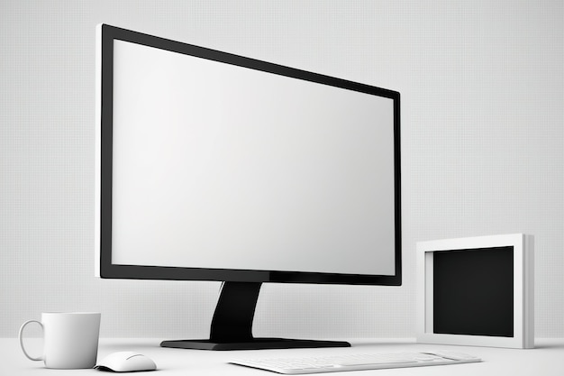Nowoczesny monitor komputera biurowego na białym biurku Makieta Sideview
