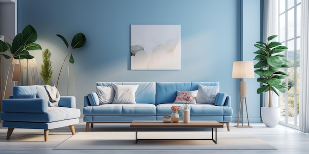 Nowoczesny niebieski projekt salonu z kanapą i meblami