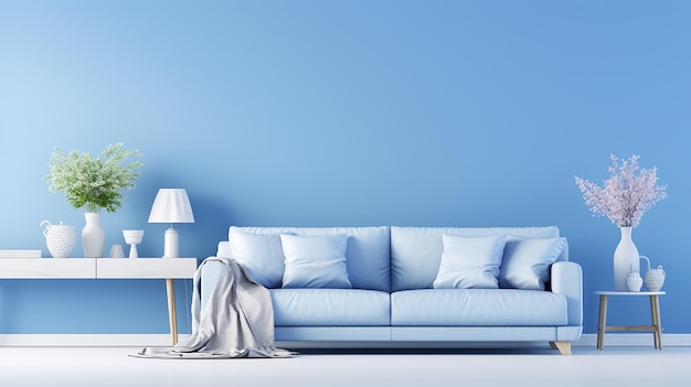 Nowoczesny niebieski projekt salonu z sofą i meblami