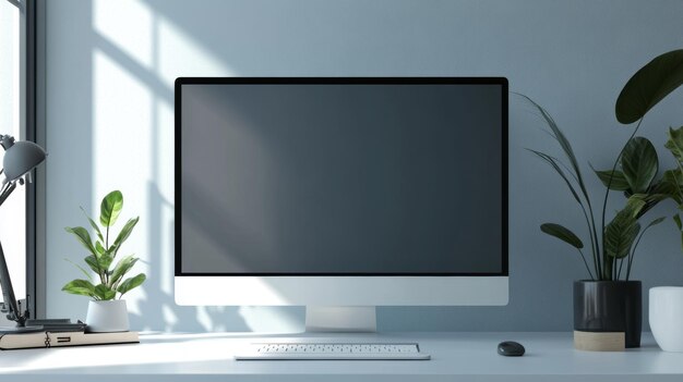 Nowoczesny obszar roboczy z pustym monitorem komputerowym na stole Mock up 3D Rendering