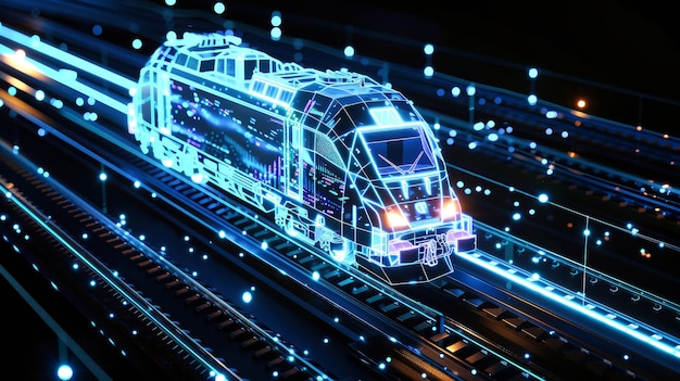 Nowoczesny pociąg pasażerski przemieszcza się przez tunel wypełniony hipnotyzującymi niebieskimi światłami, tworząc surrealistyczną i czarującą atmosferę