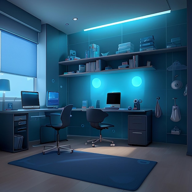 Nowoczesny pokój dla freelancerów wypełniony najnowszymi gadżetami technologicznymi, oświetlony delikatnym niebieskim światłem