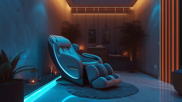 Nowoczesny pokój wellness z zaawansowaną technologią relaksacyjną, taką jak krzesło masażowe, oświetlenie otoczenia i spokojna muzyka, łącząca komfort z odmłodzeniem dla ostatecznej opieki nad sobą.