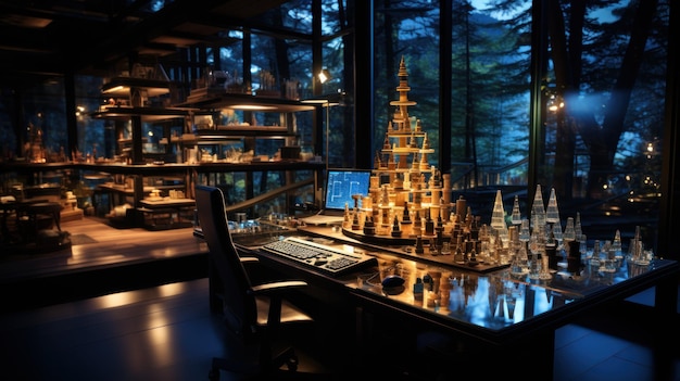 Nowoczesny pokój z stołem szachowym jako głównym elementem wyposażony w Generatywną AI