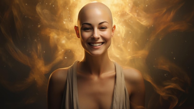 Nowoczesny portret piękna łysej kobiety przekonanej Dziewczyna z ogoloną głową Szczęśliwa silna kobieta, która pokonała raka