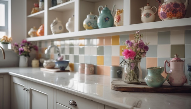 Nowoczesny projekt kuchni z elegancką ceramiką i dekoracją ze świeżych kwiatów wygenerowaną przez AI