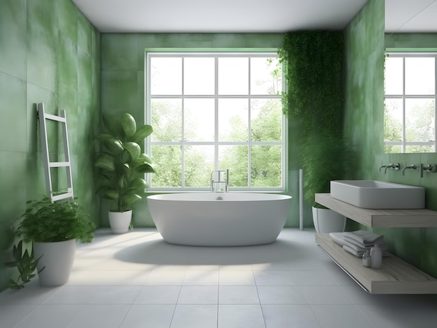 Nowoczesny projekt łazienki ozdobiony zielonymi roślinami wygenerowanymi przez sztuczną inteligencję
