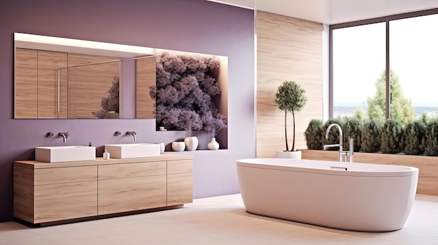 nowoczesny projekt łazienki z drewnianą wanną i roślinami lawendy w stylu realistycznego detalu
