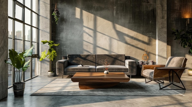 Nowoczesny projekt wnętrz Loft Living z drewnianym stolikiem do kawy i aksamitnymi kanapami