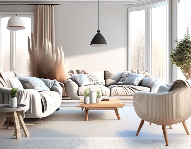 nowoczesny projekt wnętrz salonu z sofą 3d render