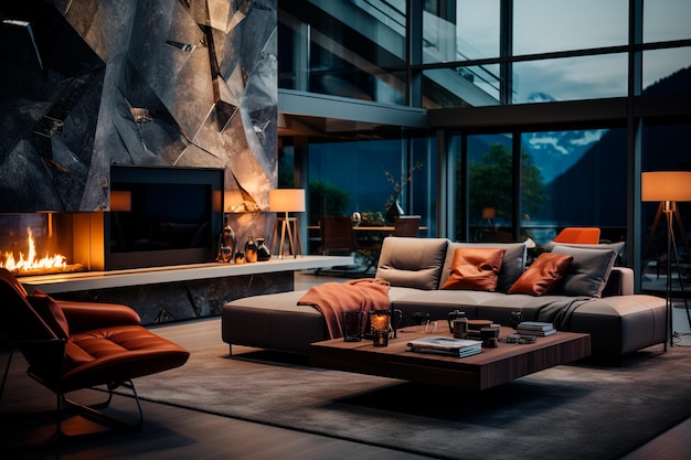 nowoczesny projekt wnętrza salonu i kanapa z drewnianą ścianą