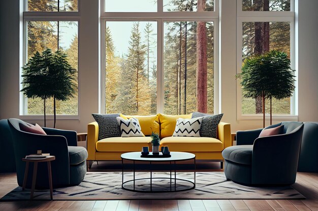 Nowoczesny projekt wnętrza salonu z narożną beżową i żółtą kanapą kreatywne zaokrąglone stoliki do kawy