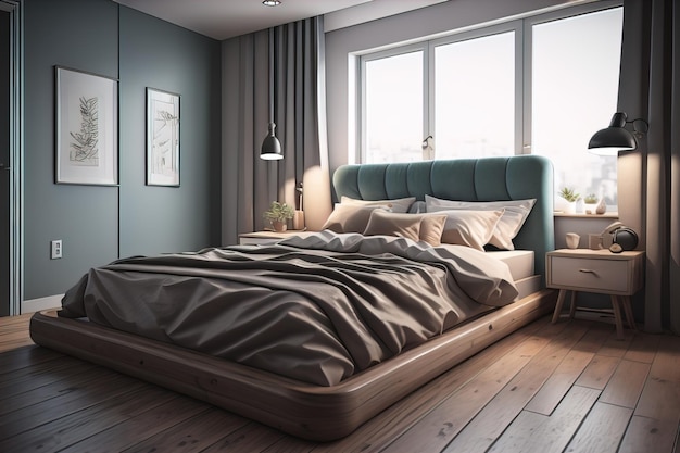 Nowoczesny projekt wnętrza sypialni z szarymi ścianami drewniana podłoga wygodne łóżko king size z dwoma poduszkami ai generatywny