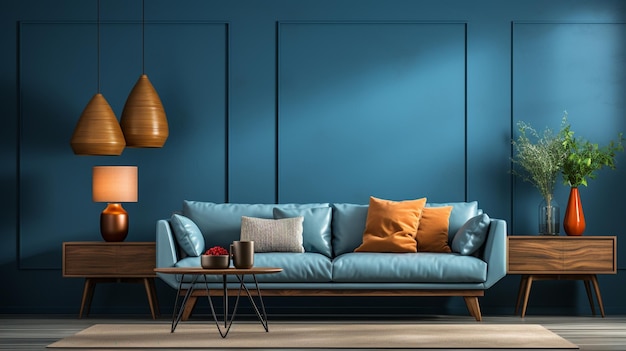 Nowoczesny przytulny salon i niebieska ściana tekstura tło renderowania wnętrz 3D