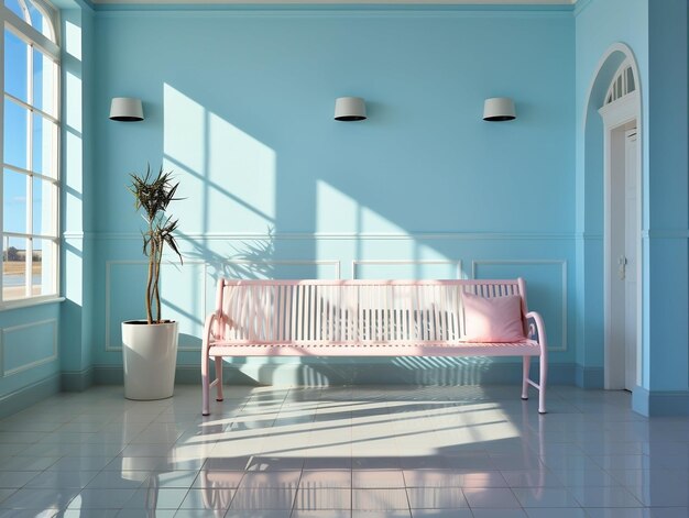 Nowoczesny pusty niebieski pokój z ławką i promieniami słońca