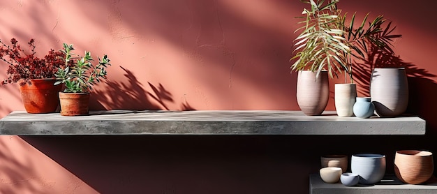 Nowoczesny pusty pastelowy brązowy betonowy blat stołowy w świetle słonecznym palmowe liście w cieniu na ścianie tekstury sztukowania dla luksusowej ekologicznej kosmetyki pielęgnacji skóry leczenie piękna wyświetlacz produktu tło 3D