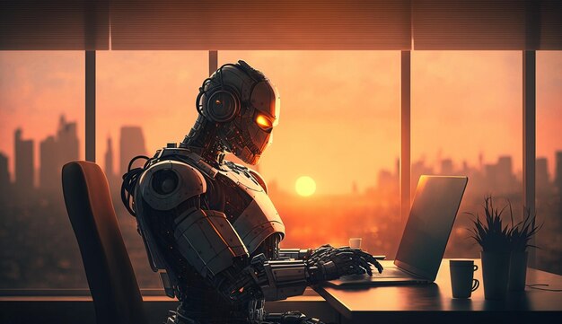 Zdjęcie nowoczesny robot siedzący w biurze i pracujący na laptopie podczas zachodu słońca