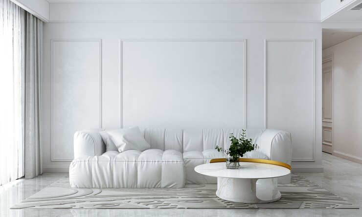 Nowoczesny salon i biała sofa makiety dekoracji mebli i pustej ściany w tle