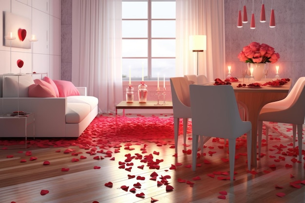 Nowoczesny salon ozdobiony płatkami róż na Walentynki Uroczystości stołowe generowane przez AI