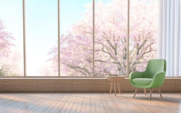 Nowoczesny salon udekoruj pokój drzewem z różowymi kwiatami w tle