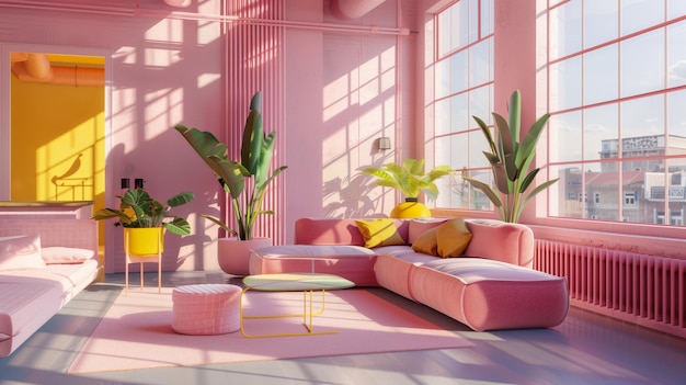 Nowoczesny salon w kolorze różowym z roślinami i światłem słonecznym wchodzącym przez duże okna