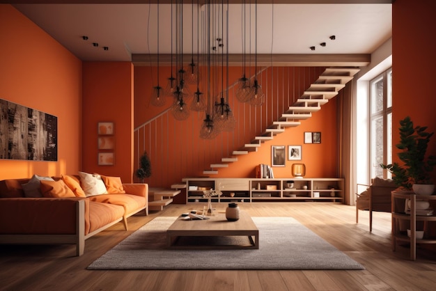 Nowoczesny salon w odcieniach pomarańczy pomarańczowe ściany i sofa stolik vintage plakaty dywanowe na