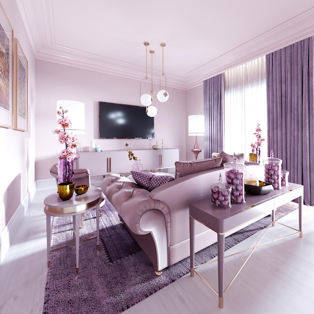 Nowoczesny salon w stylu art deco w kolorze liliowym z modnymi meblami tapicerowanymi, szafką pod telewizor, konsolą, stolikiem na czasopisma z dekoracją. Renderowanie 3D.