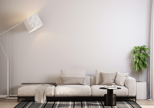 Nowoczesny salon z beżową kanapą i lampą podłogową 3D