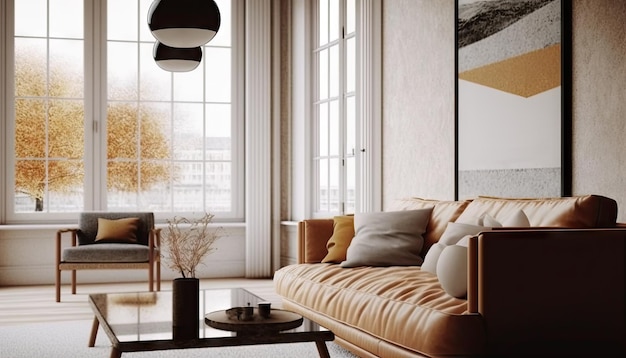 Zdjęcie nowoczesny salon z brązowym stolikiem kawowym i dekoracją z oknem generative ai