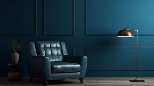 nowoczesny salon z ciemno niebieską lampą podłogową i pustą szarą ścianą