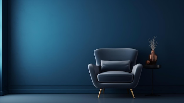 nowoczesny salon z ciemno niebieską lampą podłogową i pustą szarą ścianą