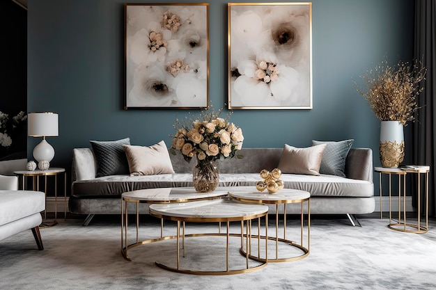 Nowoczesny salon z designerską sofą, pięknym złotym stolikiem kawowym i imitacją plakatów