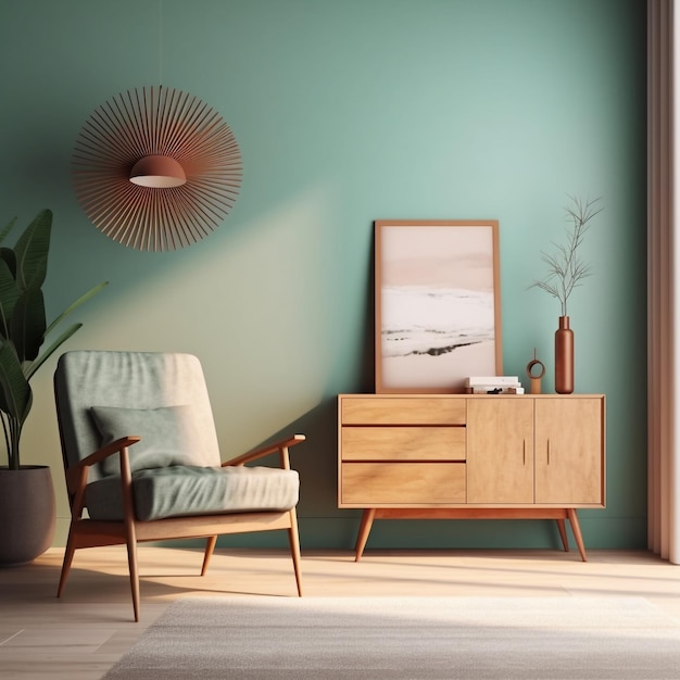 Nowoczesny salon z drewnianą szafką i fotelem na jasnej ścianie Aqua Mist generative ai