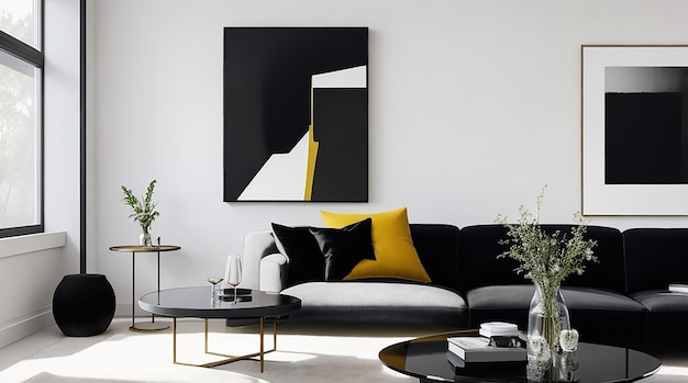 Nowoczesny salon z elegancką czarną sofą, szklanym stolikiem kawowym i jasnym abstrakcyjnym obrazem