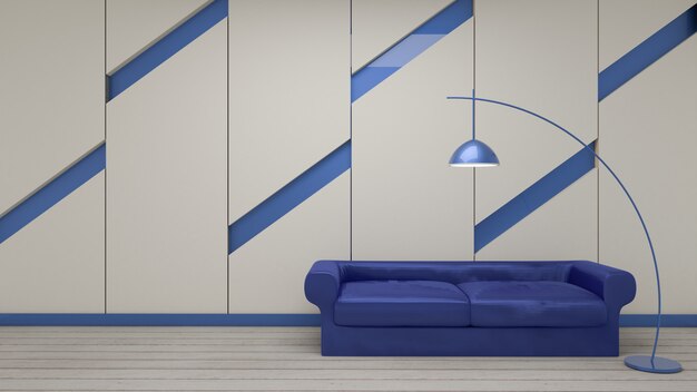 nowoczesny salon z fioletową sofą i lampą