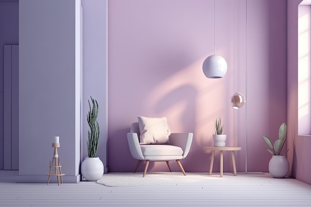 Nowoczesny salon z fioletowymi ścianami i białymi meblami Generative AI