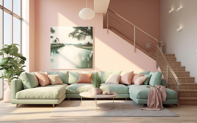 Nowoczesny salon z pastelową sofą Generative AI