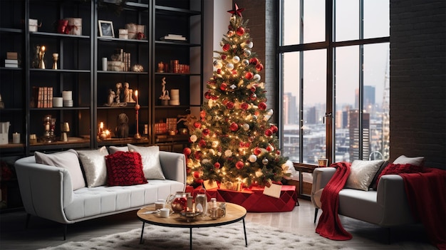 nowoczesny salon z prezentami i dekoracjami choinkowymi w kombinacji czerwono-białej