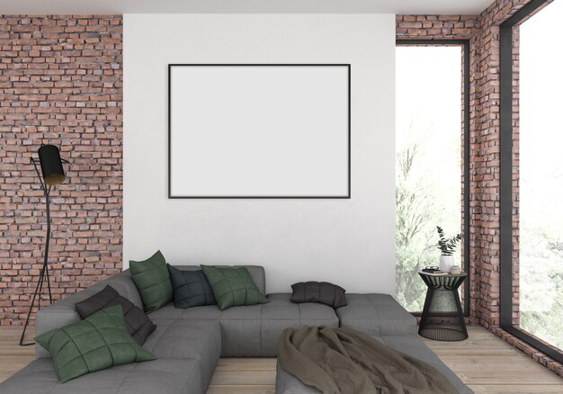 Nowoczesny salon z pustą ramą poziomą do fotografii lub grafiki