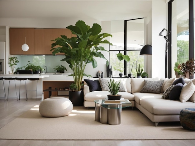 nowoczesny salon z rośliną
